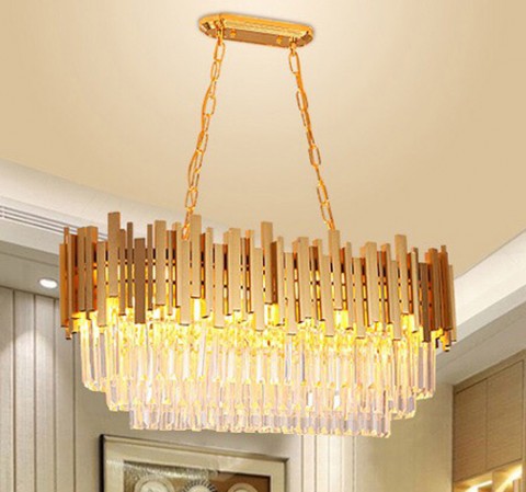 Bộ đèn mâm pha lê loại dài, thiết kế theo phong cách hiện đại, màu xi Vàng